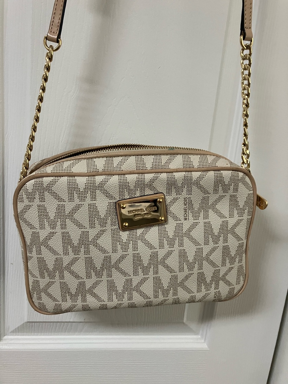 Michael Kors Beige Logo MK Signature Crossbody with Gold Chain